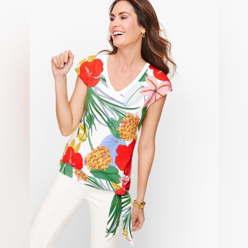 Talbots Side Tie Sweater | White with Multicolor Hibiscus Print | Women’s Large